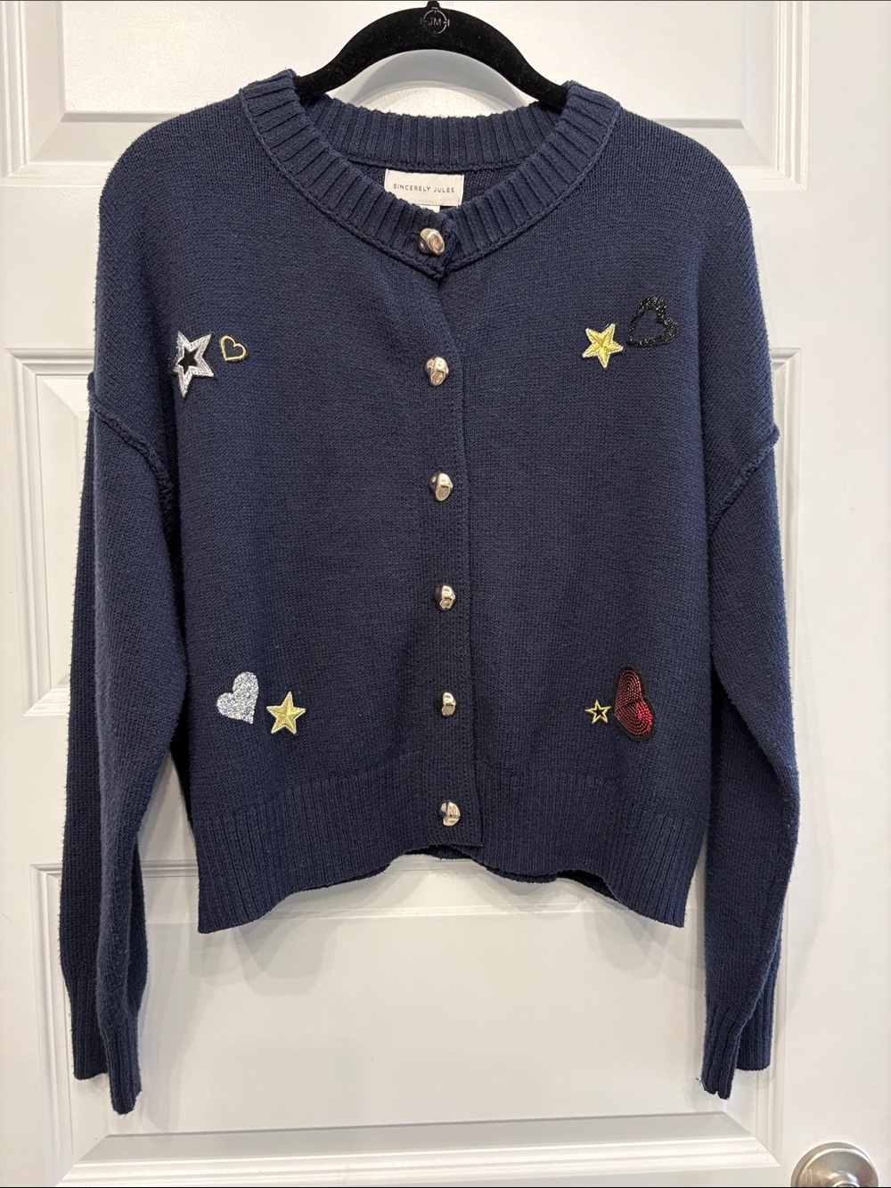 Sincerly Jules Navy Appliqué Heart & Star Button Cardigan